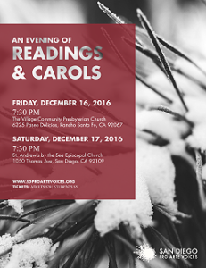 Poster for Readings and Carols Performance with image of snow covered pine tree branch